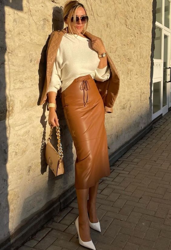 White Sweater with Brown Drawstring Skirt 